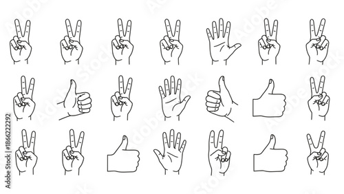 Collection of Hand Gestures Icons Representing Peace, Approval, and Counting