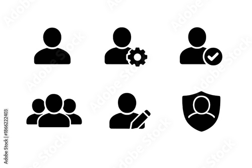 User identity and profile management icon set in black flat vector style. Clean account symbols for SaaS platforms, websites, and digital systems.