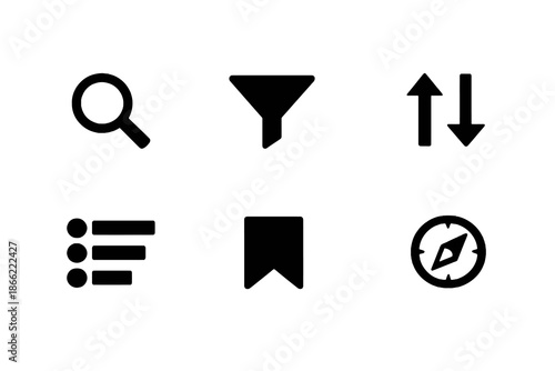 Search and content discovery icon set with filters, sorting, and result navigation. Black flat vector icons for apps, dashboards, and modern UI design.