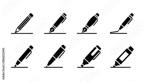 Set of black glyph icons for writing and drawing tools. Features pens, pencils, and markers, ideal for stationery, office, education, and creative design projects