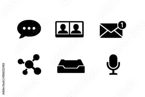 Communication and collaboration icon set with chat, video calls, email, and messaging tools. Black flat vector icons for apps, dashboards, and modern UI design.