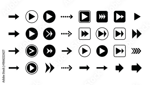 Collection of modern play and arrow icons for media navigation