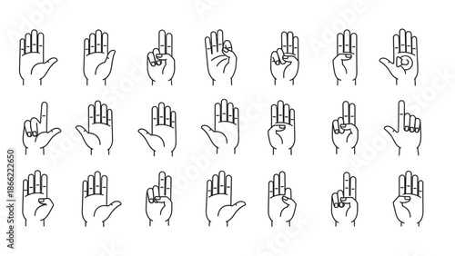 Comprehensive vector set showcasing diverse human hand gestures, depicting communication signs, counting, and various symbolic representations in clean line art