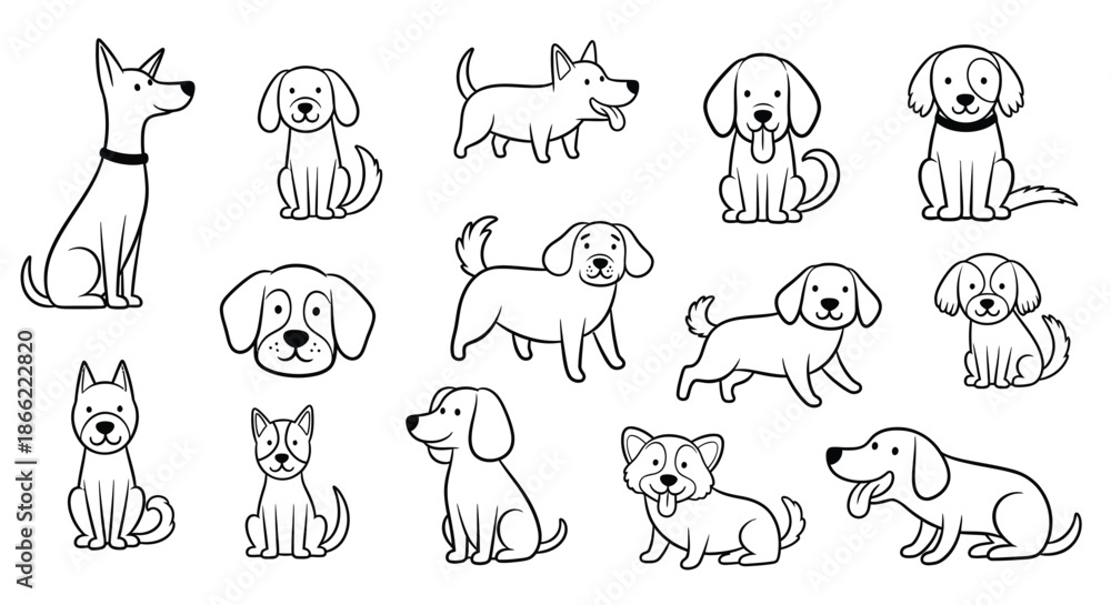 Fototapeta premium Collection of adorable dog breeds line art illustration isolated on, showcasing various canine characters and their unique features