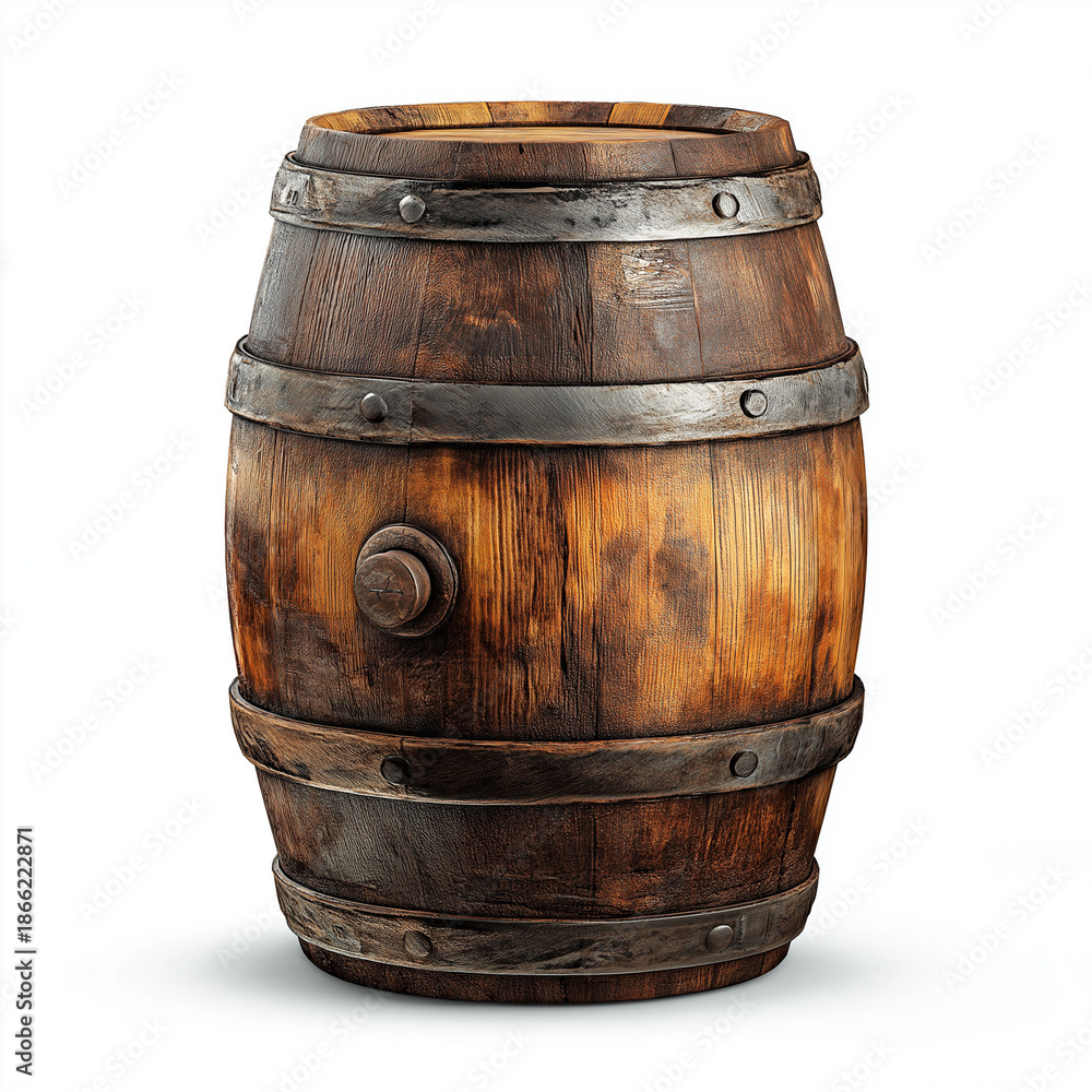 Fototapeta premium Wooden Barrel Isolated on White Background, Rustic Oak Wine and Whiskey Cask, Vintage Storage Container, Alcohol and Brewery Concept