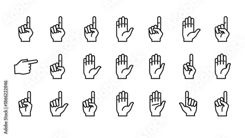 Collection of Line Art Icons Representing Various Hand Gestures Including Pointing and Number One Signs