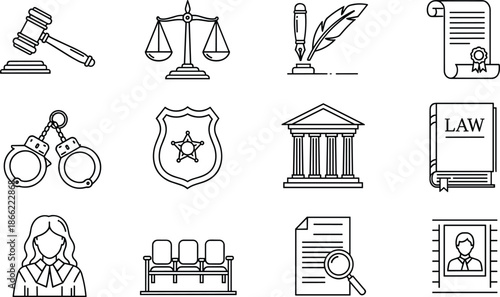 Complete law and justice line icon set featuring judge gavel scales of justice handcuffs police badge courthouse and legal document symbols