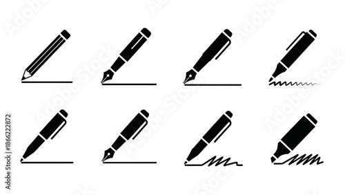 Collection of writing tools including pencils, fountain pens, and marker pens, each depicted with a stroke of ink or graphite on a white background