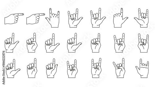 Collection of hand gestures illustrating various common signals and symbols using simple line art