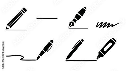 Collection of writing instruments, pencil, fountain pen, ballpoint pen, and marker illustrating strokes and lines on a white background, representing writing and drawing tools