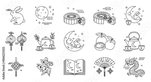 Mid autumn festival line icon set with rabbit, mooncake, lantern, tea, flower, book, fan and dragon isolated on