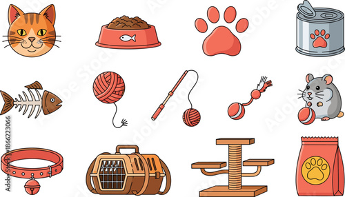 Complete cat care and pet supplies icon set featuring cat face food bowls paw prints scratching posts carrying crates and toys for feline lovers