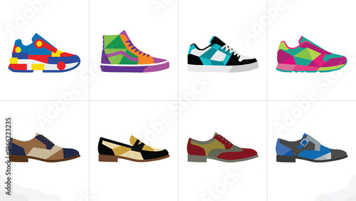 Vibrant Collection of Fashionable Sneakers and Dress Shoes Illustrations
