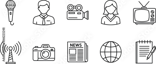 Complete journalism and mass media line icon set featuring news reporters microphones video cameras television broadcasting newspaper and global communication symbols