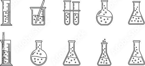 Complete laboratory glassware icon set featuring beakers test tubes graduated cylinders and flasks with bubbling chemical liquids for science and research designs