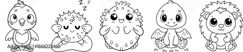 Adorable Cartoon Creatures Collection, Kawaii Animals, Cute Monster Designs For Kids Coloring Pages