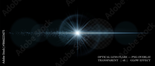 Bright lens flare with luminous halo, reflection circles, and soft glow. Perfect for overlays, light decorations, and digital highlights.