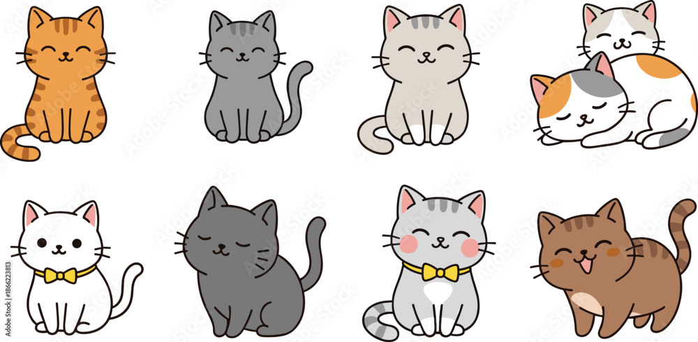 Obraz premium Adorable set of cute kawaii cat characters in various poses and colors including ginger grey white and calico kittens for stickers and icons
