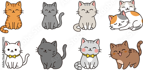 Adorable set of cute kawaii cat characters in various poses and colors including ginger grey white and calico kittens for stickers and icons
