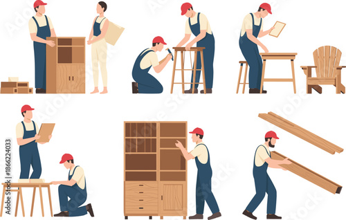 Woodworking process, furniture making, carpentry tools, cabinet assembly, craftsman at work, measuring wood, sawing, building chairs, skilled labor
