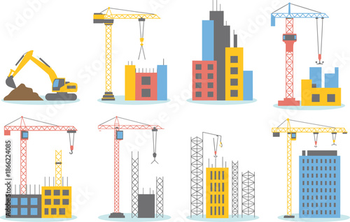 Urban construction site, tower cranes, scaffolding, excavator, building progress, architecture