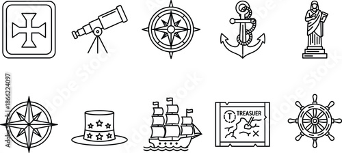 Complete nautical and maritime exploration icon set featuring a sailing ship anchor compass telescope treasure map ship wheel and historical symbols