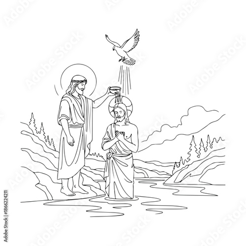 Detailed line art illustration capturing baptism of Jesus by John in serene river landscape. Sacred scene from bible portrays two figures immersed, with dove descending from sky,