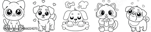 Adorable Puppy And Kitten Line Art Set, Cute Animal Characters For Baby Shower Design