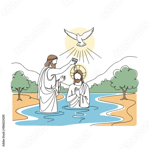 Line art illustration of the sacred baptism of Christ in Jordan river, showing John Baptist immersing Jesus and a dove. This pivotal event symbolizes divine grace.