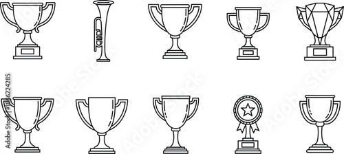 Complete award and trophy icon set featuring various achievement cups diamond trophies victory medals and trumpet symbols in thin line style