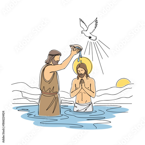 Line art illustration showing baptism of Christ in water, with John pouring water over Jesus' head as a dove descends.