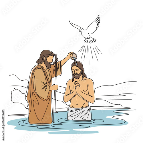 Biblical illustration depicting baptism of Jesus with John baptizing Christ in Jordan River. Scene from New Testament shows dove and divine light above Jesus. Spiritual concept for religious studies,