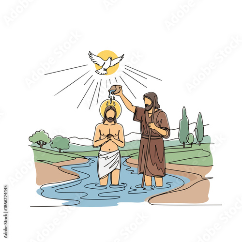 Baptism of Christ illustration depicts John Baptist pouring water on Jesus in Jordan River. New Testament scene portrays Holy Spirit with light, divine revelation, spiritual purification.