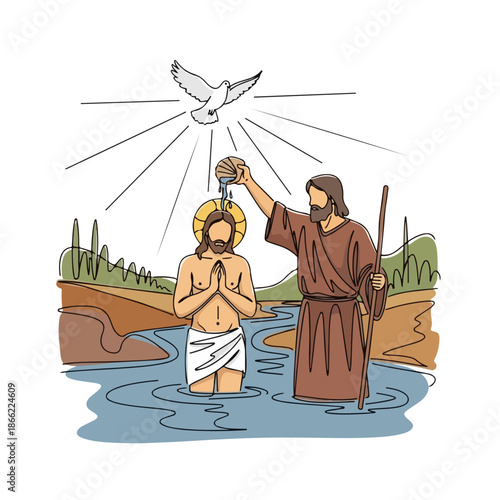 Line art shows baptism of Jesus, John Baptist in Jordan, dove, divine light. New testament scene, spiritual awakening. For religious study, church media, on baptism of Jesus.