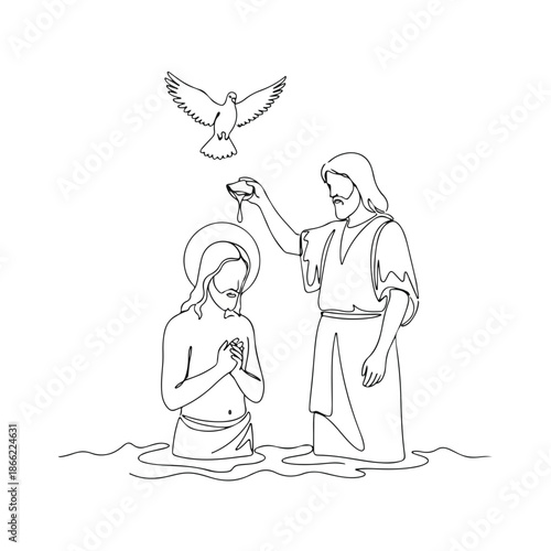 Line art illustration showing Baptism of Jesus, John baptizing Christ in river, dove above. Scene from New Testament depicts disciples of Jesus witnessing event. Concept for religious studies,