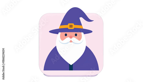 Cartoon Wizard Icon with Pointed Hat and White Beard.