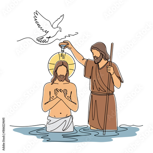 Continuous line art depiction of Baptism of Jesus, with John Baptist pouring water over him. Symbolic dove descends from sky during solemn Baptism of Jesus, highlighting sacred moment.