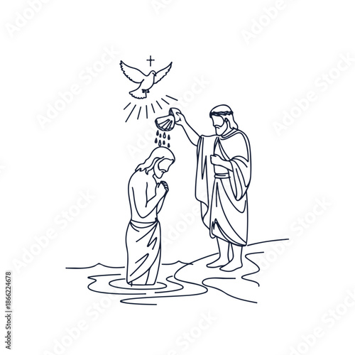 Line art depicting baptism of Jesus, John Baptist performs river ritual. Biblical scene highlights baptism of Jesus, divine dove symbolizes Holy Spirit. Concept for religious education,