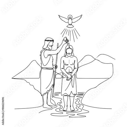 Line art illustrates baptism of Christ, John Baptist performing ritual in river. Dove descends. Biblical scene shows solemn baptism of Christ, spiritual purity. Ideal for Christian themes,