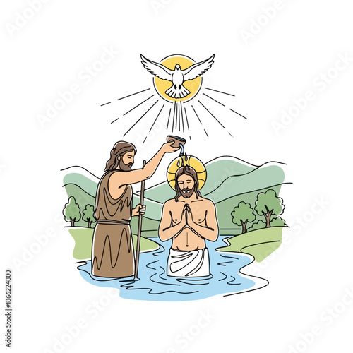 Baptism of Jesus, elegant line art illustration depicting John Baptist and Christ in river. Baptism of Jesus features Holy Spirit dove, light rays, and serene landscape.