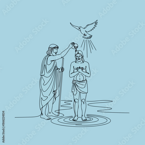 Elegant line art illustration shows baptism of Christ, with John Baptist pouring water over Jesus' head as dove descends, symbolizing Holy Spirit. This spiritual scene, depicting baptism of Jesus,