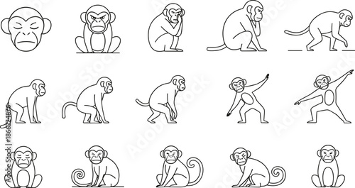 Complete collection of monkey poses featuring various silhouettes of primates including sitting walking thinking and expressive monkey head line art