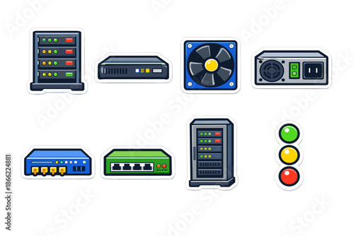 Network and Server Equipment Cartoon Icons Set