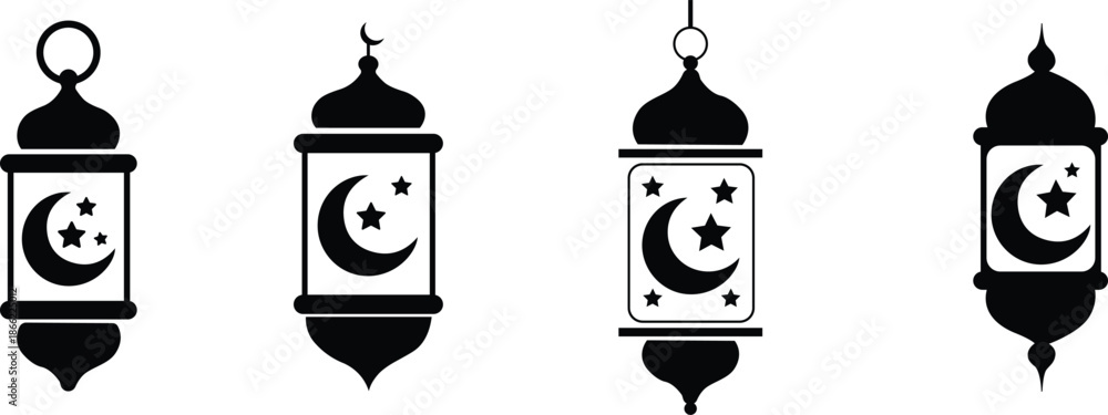 Naklejka premium Black and white Ramadan lantern icons set with crescent moon stars traditional Islamic decorative hanging lamps minimalist vector illustration for religious festival design use