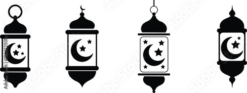 Black and white Ramadan lantern icons set with crescent moon stars traditional Islamic decorative hanging lamps minimalist vector illustration for religious festival design use
