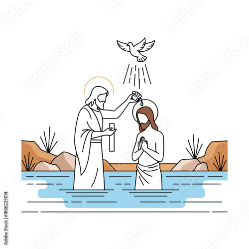 Monoline illustration portrays baptism of Jesus, John Baptist immersing Christ in river, dove descends. Sacred baptism of Jesus shows pivotal moment for Christian faith, spiritual devotion.