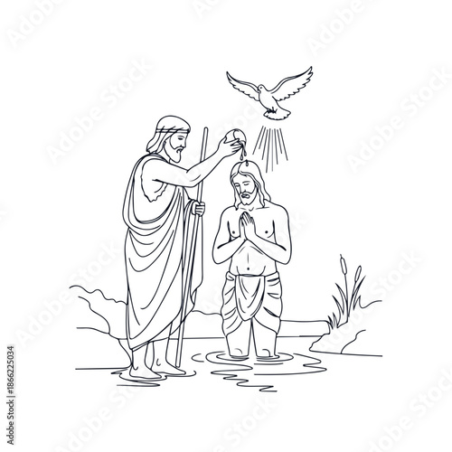 Line art depicts baptism of Christ, John Baptist pouring water on Jesus in river. New Testament scene, Holy Spirit dove, disciples of Christ. Use for religious education, biblical studies,