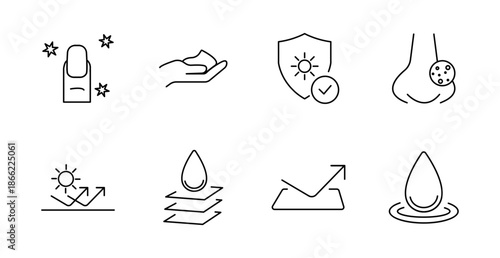 Skincare and beauty set icon. Nail polish, hand cream, sun shield, nose pores, moisture layers, absorption, water droplet, protection elements