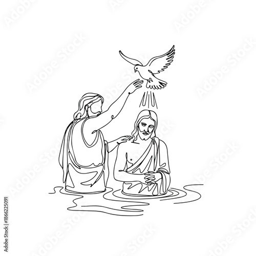 Minimalist line art illustration depicts sacred baptism of Jesus, with John Baptist in water, dove descending. Significant New Testament scene symbolizes spiritual renewal for disciples of Christ.