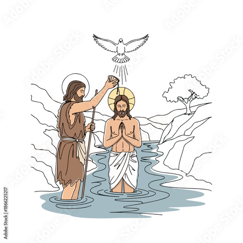 Illustration shows baptism of Christ, John Baptist anointing Jesus in river, dove Holy Spirit descending. Profound biblical moment captures spiritual essence, perfect for religious education,